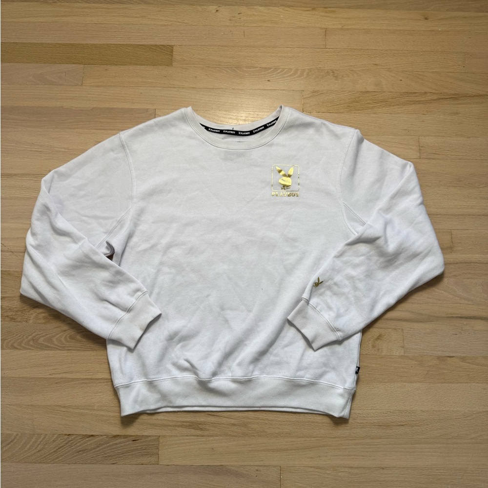 PLAYBOY White Crewneck Sweater with Gold Logo men’s large